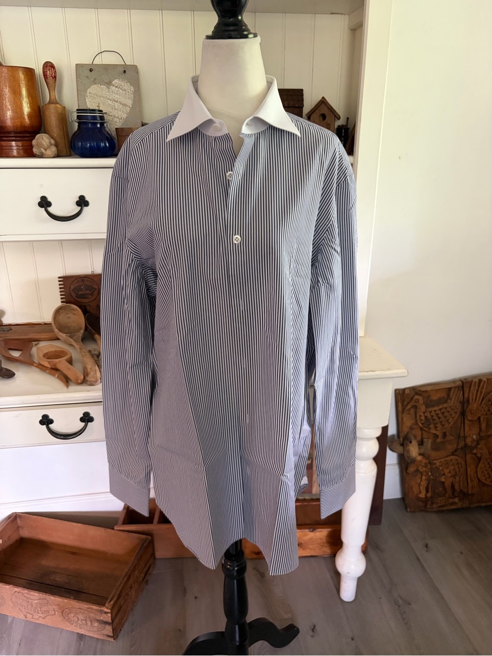 Luigi Borrelli Men's Blue Stripe Button-Down Shirt with White Collar